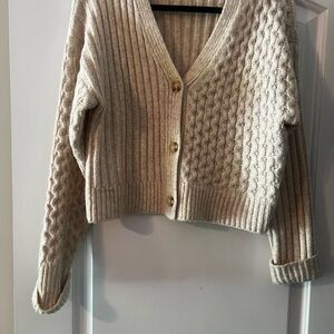 Lush Neutral Cream Cable Knit V-Neck Button Cardigan